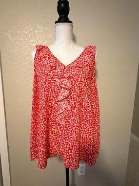 LC Lauren Conrad Red Floral Ruffle V-Neck Sleeveless Blouse